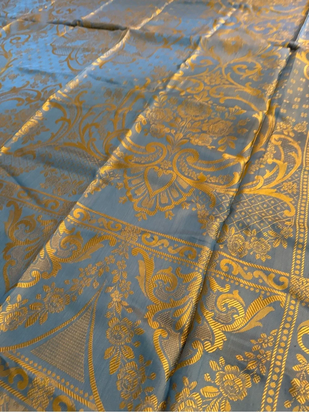 Large Blue Gold Jacquard Decorator Textile Fabric Panel 90x107 Fringe Like New